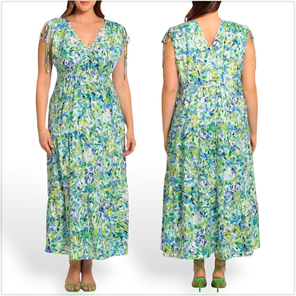 Maggy London White Aqua Floral Print Maxi Shoulder Gather Dress NEW NWT 18